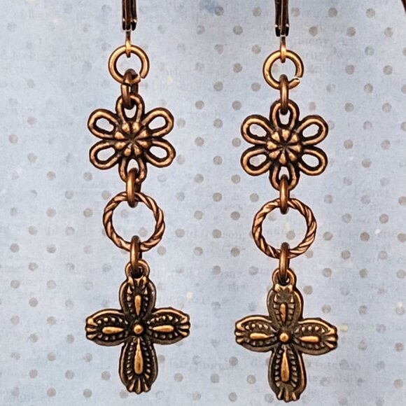 CROSS Daisy Flower Copper Brass Lever Back Earrings Southwestern Westernwear - Picture 6 of 10